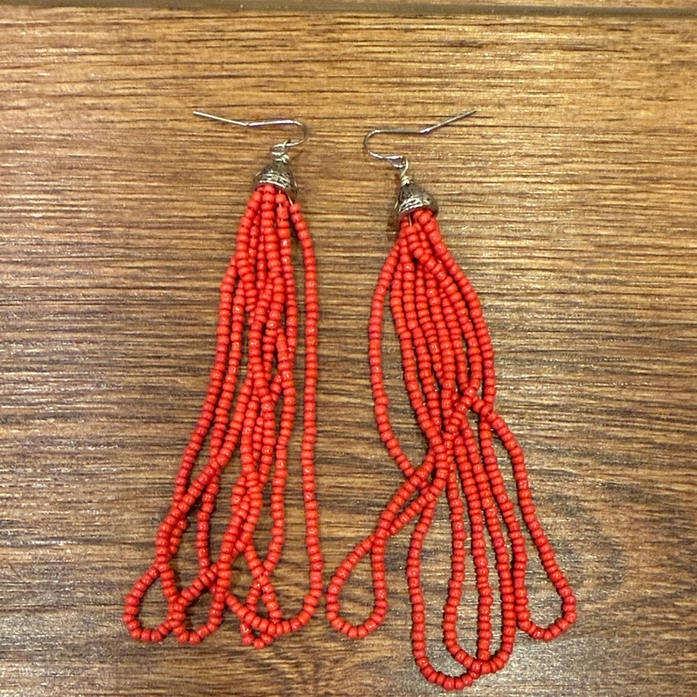 Elegant Red Beaded Tassel Earrings